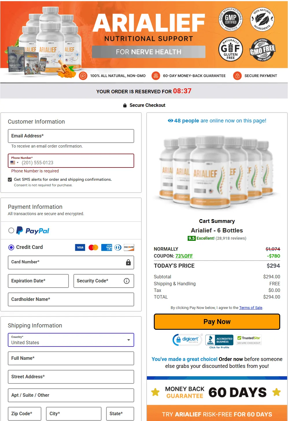 Secure Arialief checkout page for placing your order